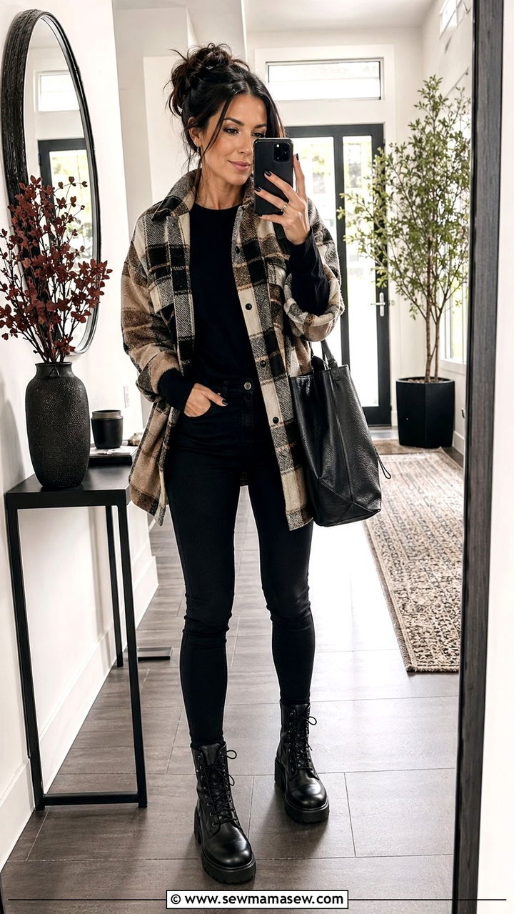 Plaid Shacket With Black Denim - 35 School drop off outfit ideas