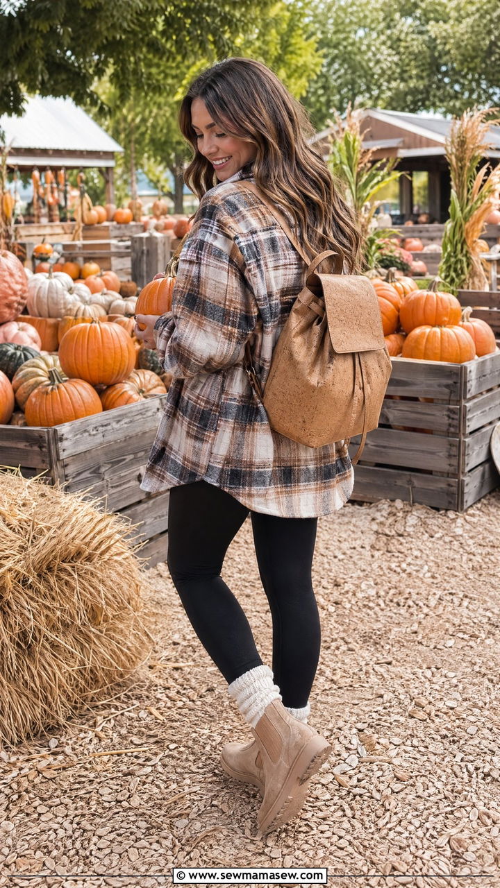 Plaid Shacket With Black Leggings And A Cork Backpack - 35 Cork outfit ideas