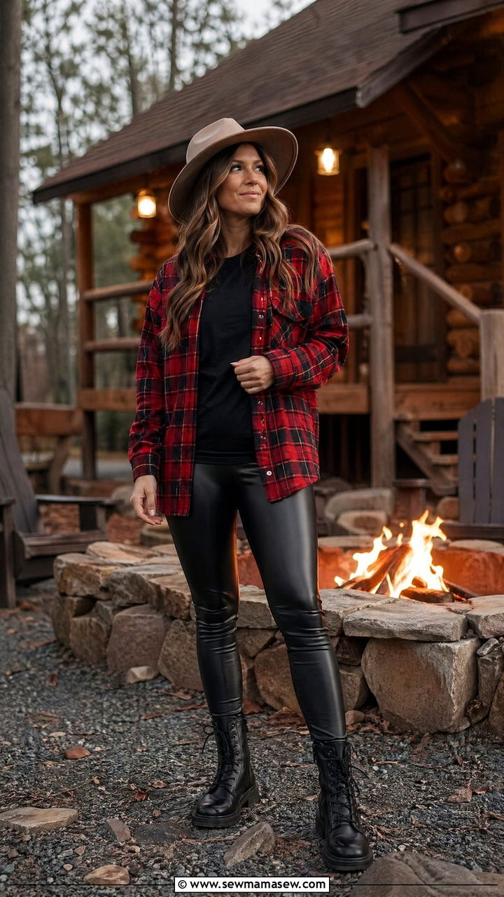 Plaid Shacket With Faux Leather Leggings and Boots - 35 Cozy cabin weekend outfit ideas