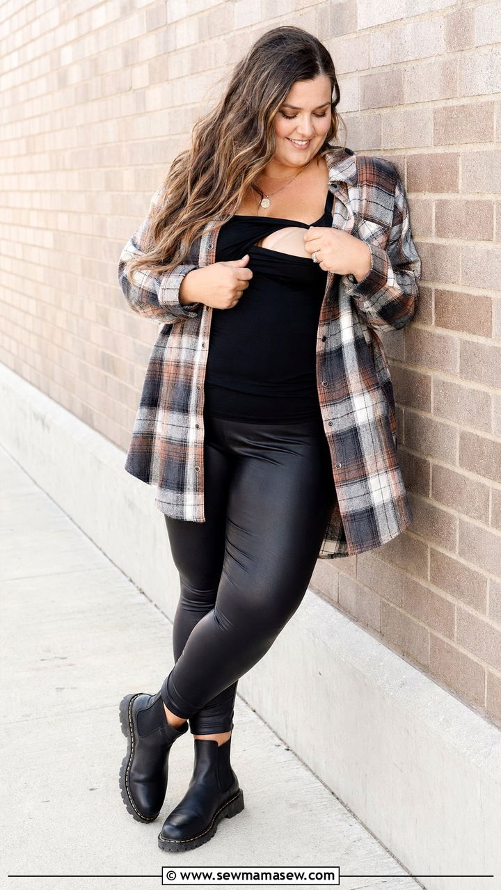 Plaid Shacket With Faux Leather Leggings - 35 Postpartum outfit ideas plus size