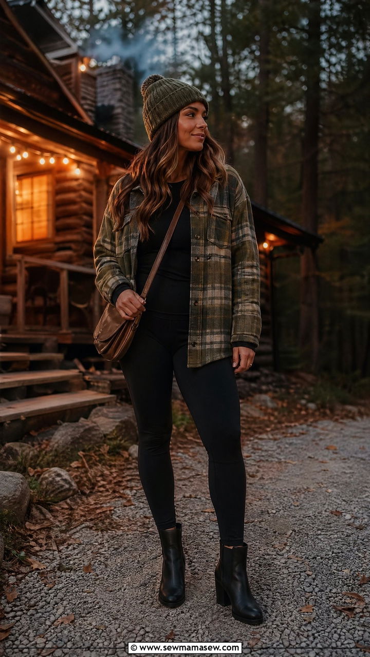 Plaid Shacket With Leggings and Ankle Boots - 35 Cozy cabin weekend outfit ideas