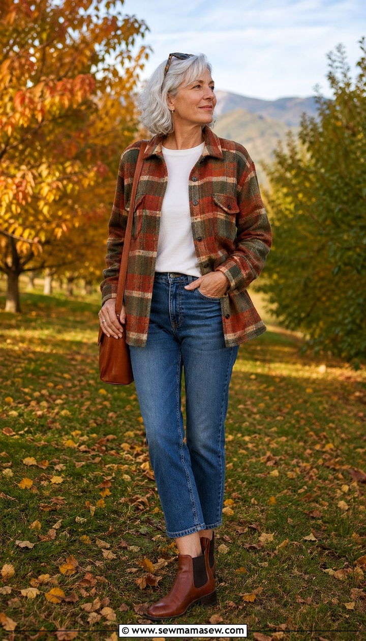 Plaid Shacket With a Tee and Cropped Jeans - 30 Best jackets for women over 50