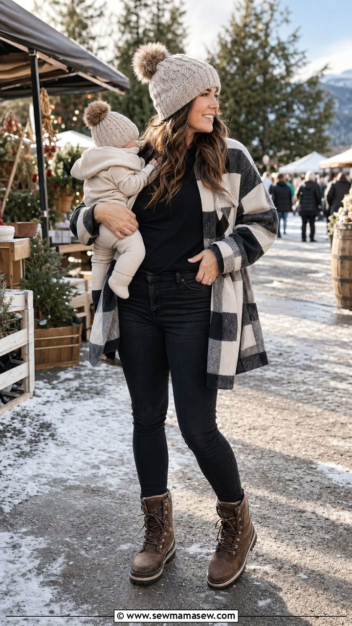 Plaid Shacket and Skinny Jeans Winter Outfit - 35 Postpartum outfit ideas