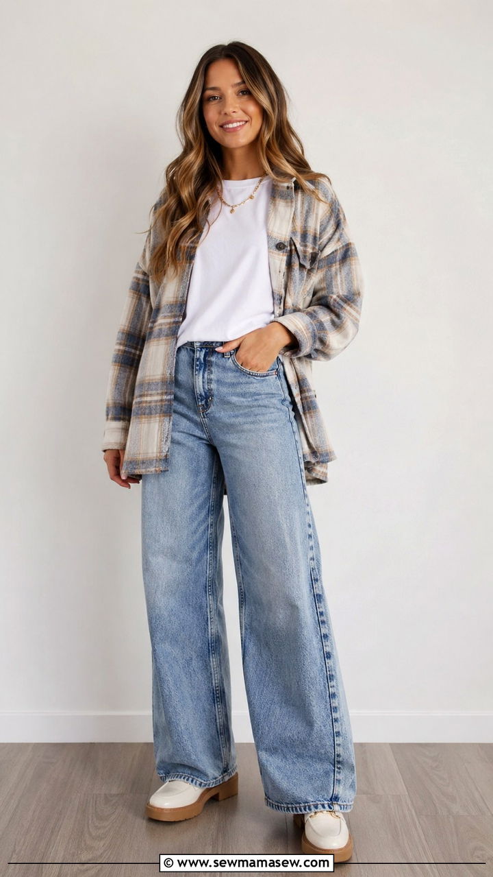 Plaid Shacket and Wide Leg Jeans Spring Outfit - 30 spring grunge outfits