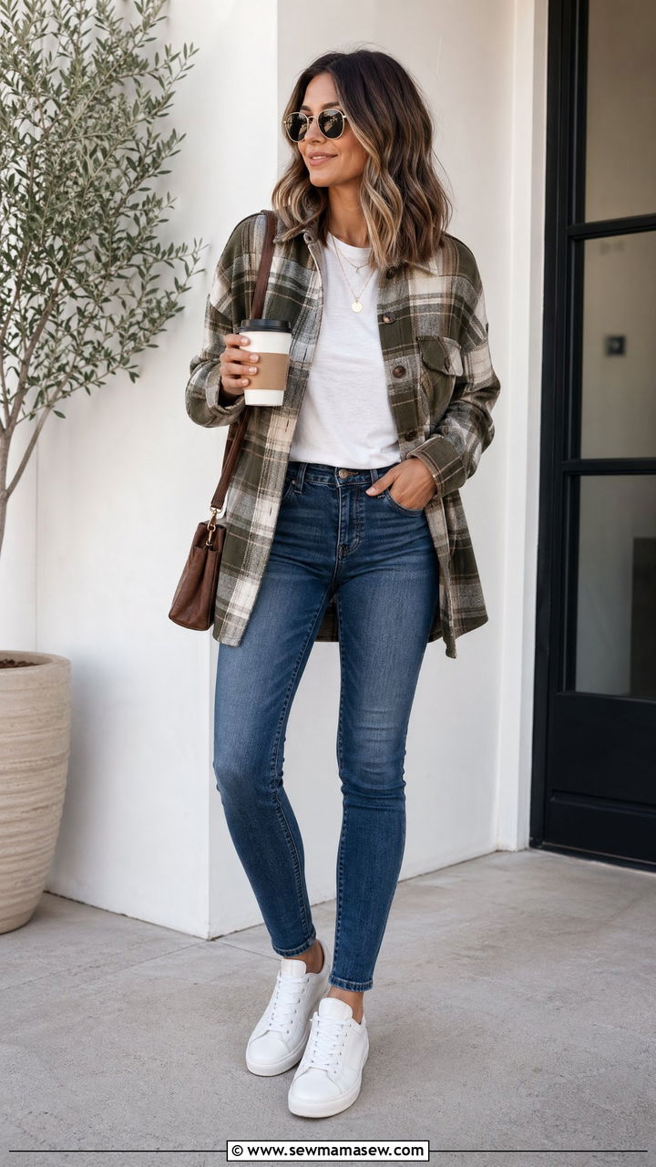 Plaid Shacket with White T Shirt and Jeans Outfit - 35 transitional chic outfit ideas