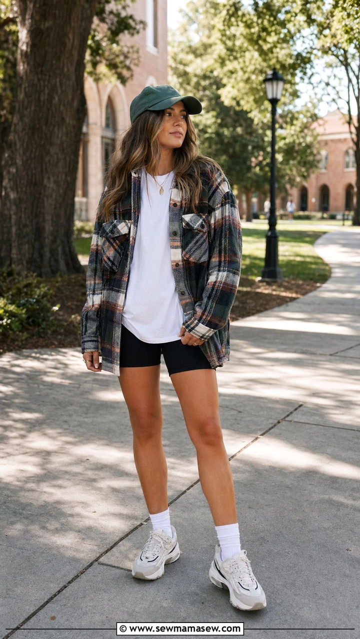 Plaid Shacket with White Tee and Biker Shorts - 30 60 degree weather outfits