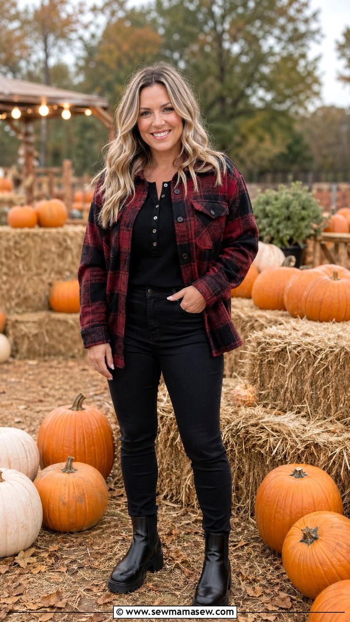 Plaid Shackets With Black Skinnies And Lug Boots - 35 Mom style outfit ideas