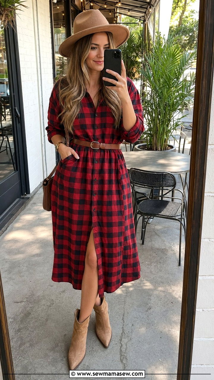 Plaid Shirt Dress With Belt And Boots Outfit Nashville - 35 Nashville outfit ideas