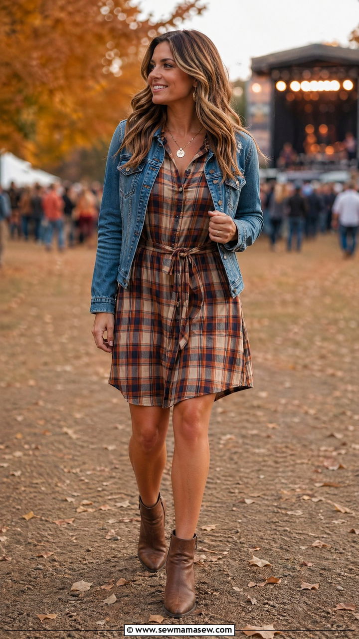Plaid Shirt Dress and Denim Jacket for Fall - 35 country concert outfit ideas for women