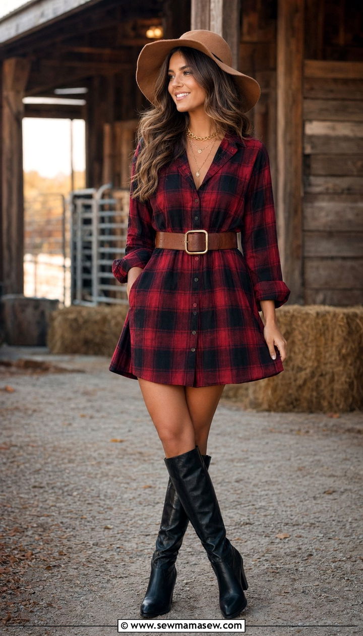 Plaid Shirt Dress with Knee High Boots - 30 Western concert outfit ideas