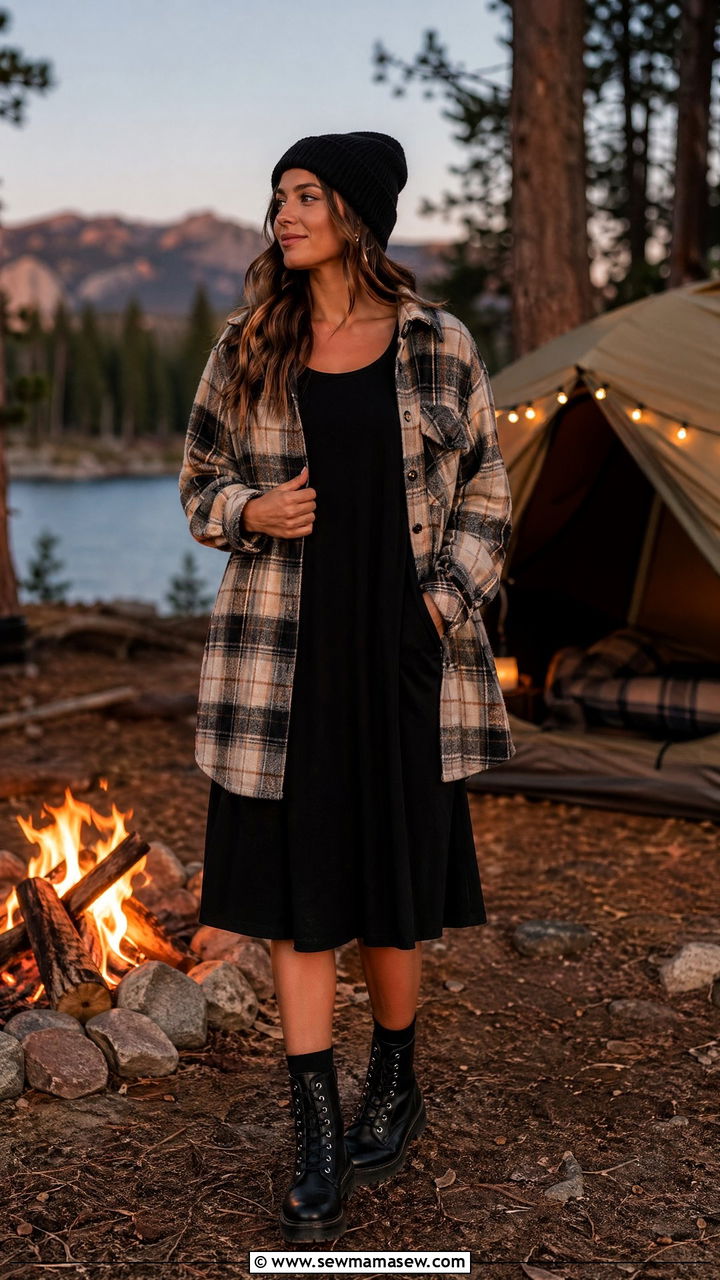 Plaid Shirt Jacket Over a Black Dress - 35 Summer camping outfit ideas