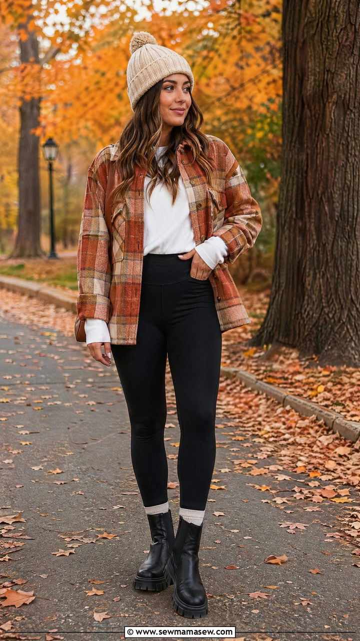 Plaid Shirt Jacket with Leggings Outfit - 35 casual outfit ideas for women