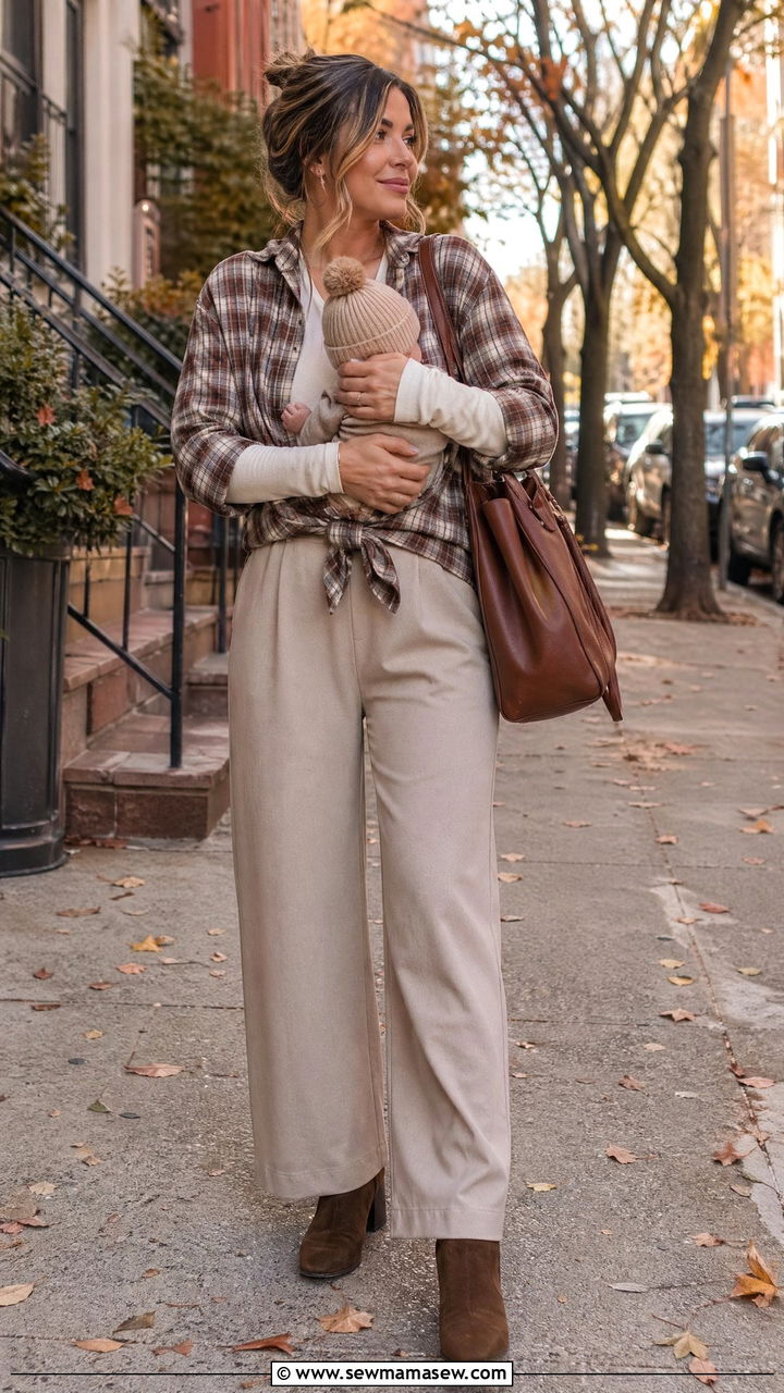 Plaid Shirt Tied at Waist over Neutral Outfit - 35 casual outfits for new moms