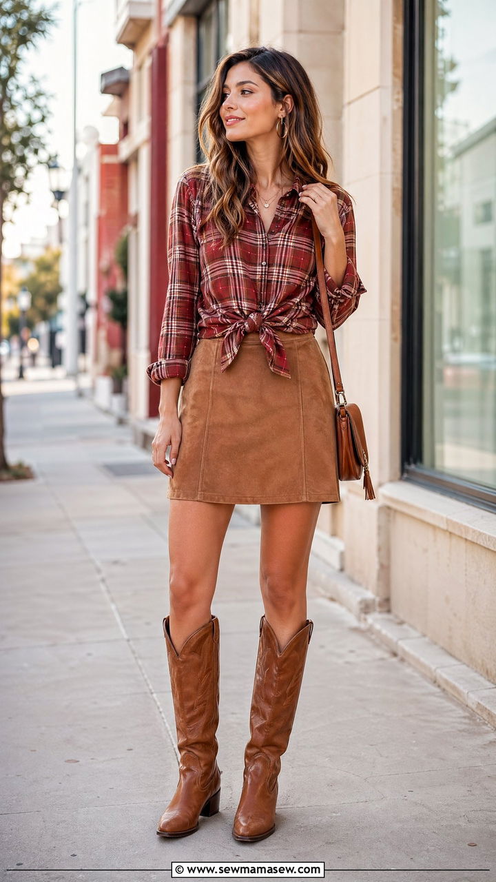 Plaid Shirt With Suede Mini Skirt - 35 Western boho outfit ideas