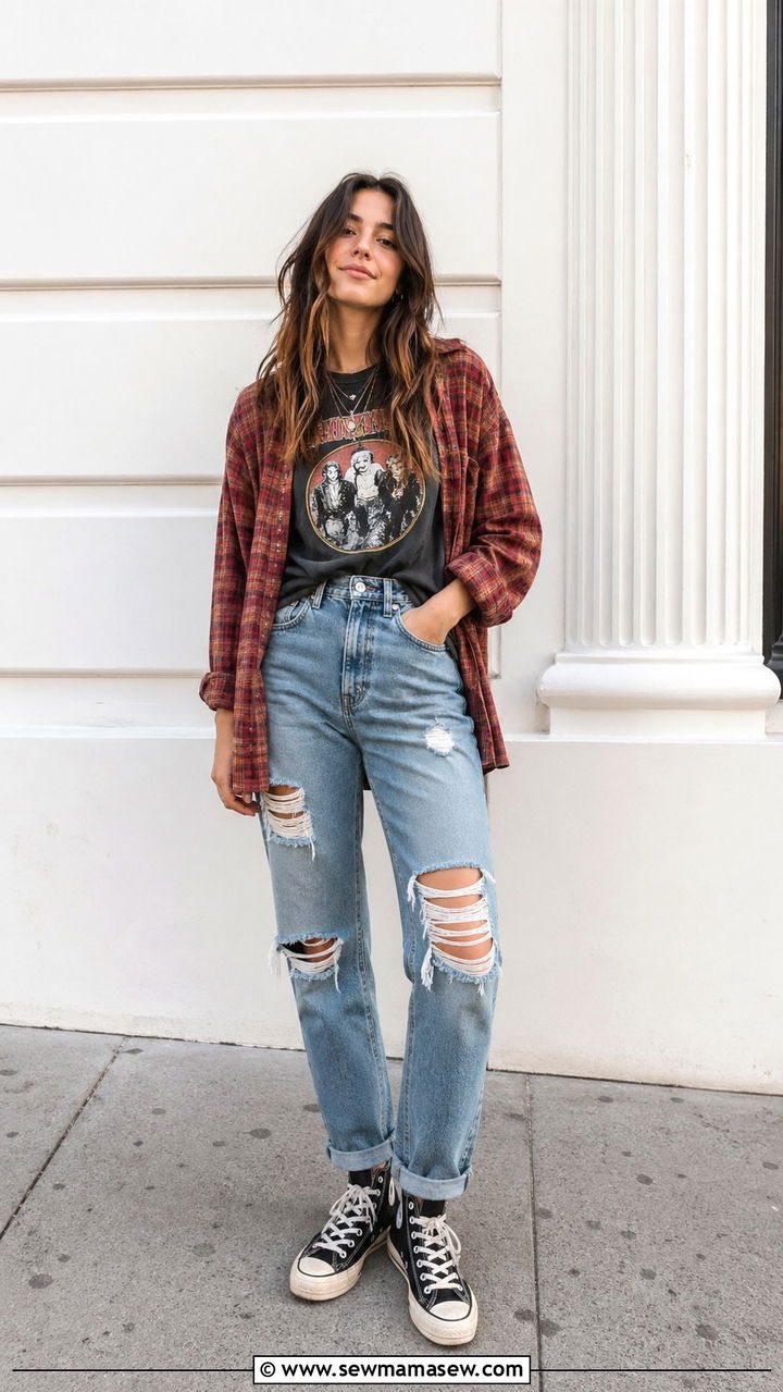 Plaid Shirt and Ripped Jeans Spring Outfit - 30 spring grunge outfits