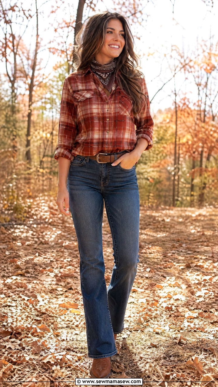 Plaid Shirt with Bootcut Jeans and Cowboy Boots - 35 Western chic outfit ideas