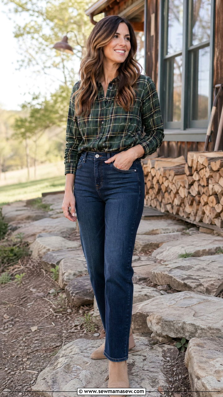 Plaid Shirt with High Waisted Jeans - 35 Chic mom outfit ideas