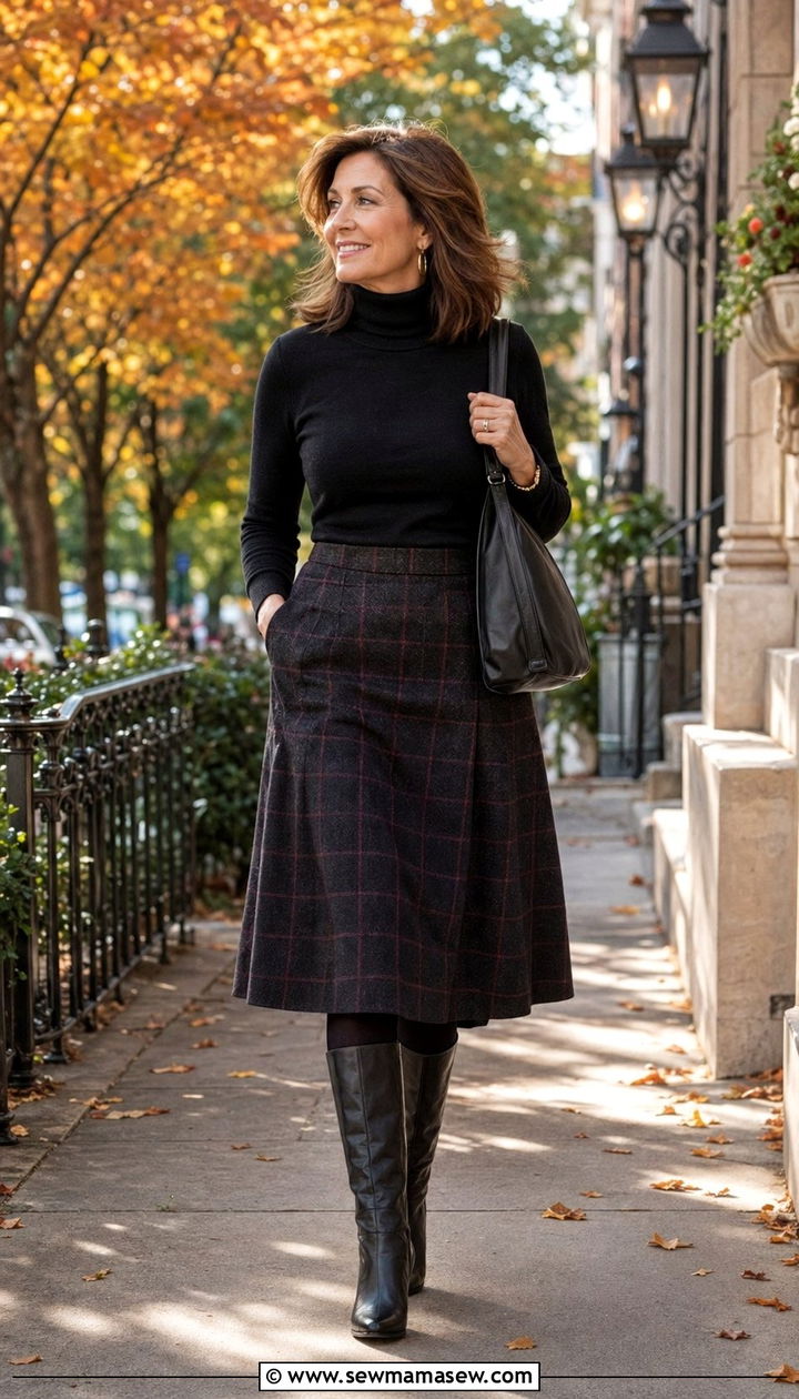 Plaid Skirt With a Black Turtleneck - 30 Best skirts for women over 40