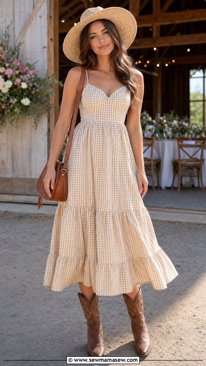 Plaid Sundress With Cowboy Boots Western Wedding - 30 Western outfit ideas for wedding