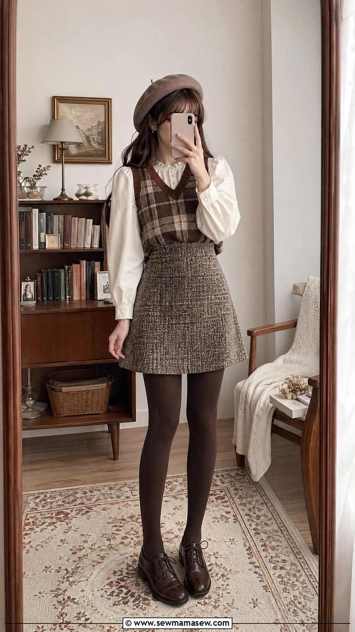 Plaid Sweater Vest And A Line Skirt - 35 Sweater vest outfit ideas