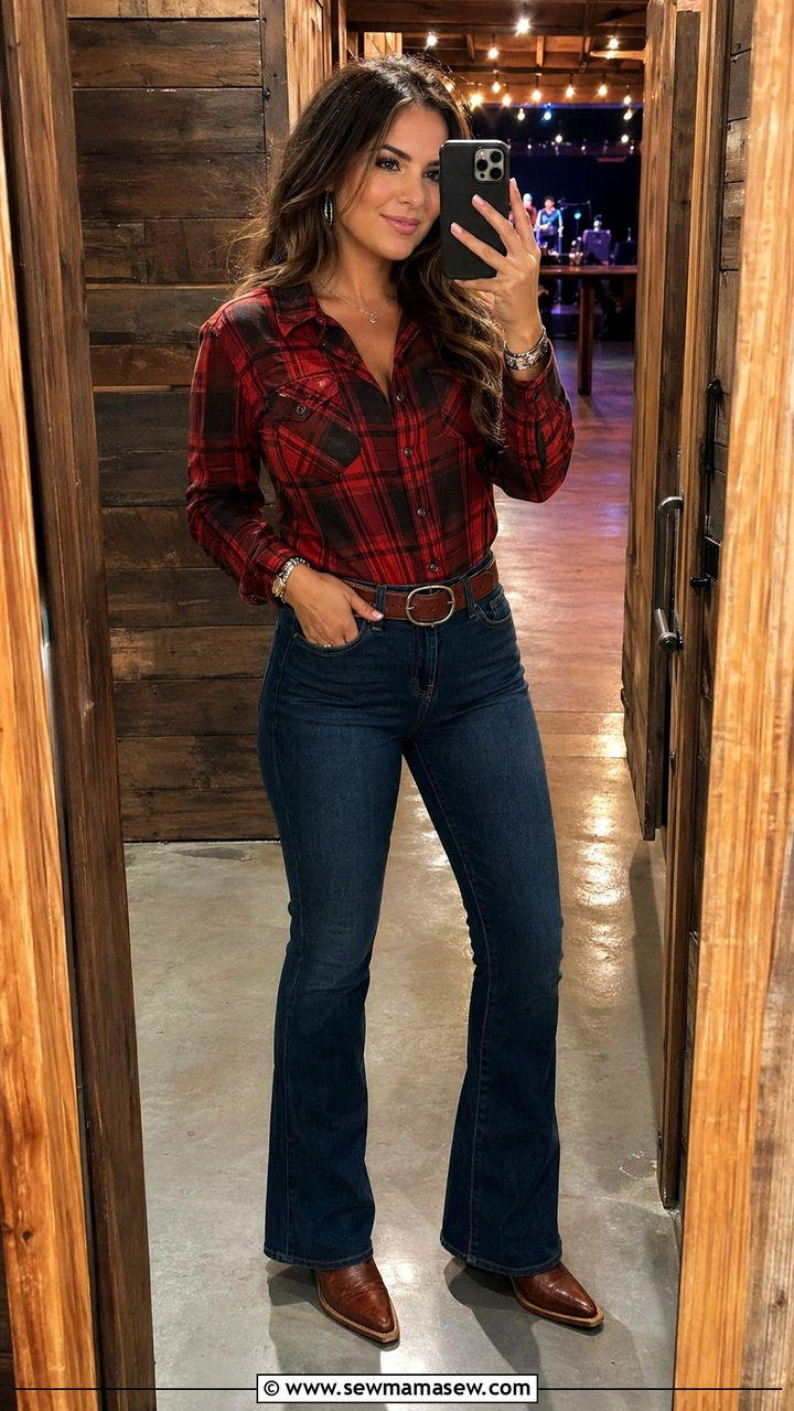 Plaid Western Shirt with High Waisted Jeans and Boots - 30 Western concert outfit ideas