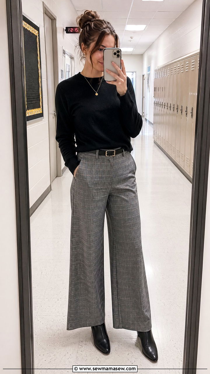 Plaid Wide Leg Pants with Solid Sweater and Ankle Boots - 35 teacher outfit ideas for women