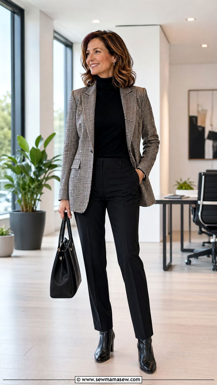 Plaid Wool Blazer with Black Turtleneck and Black Trousers - 35 Classy outfits for mature women