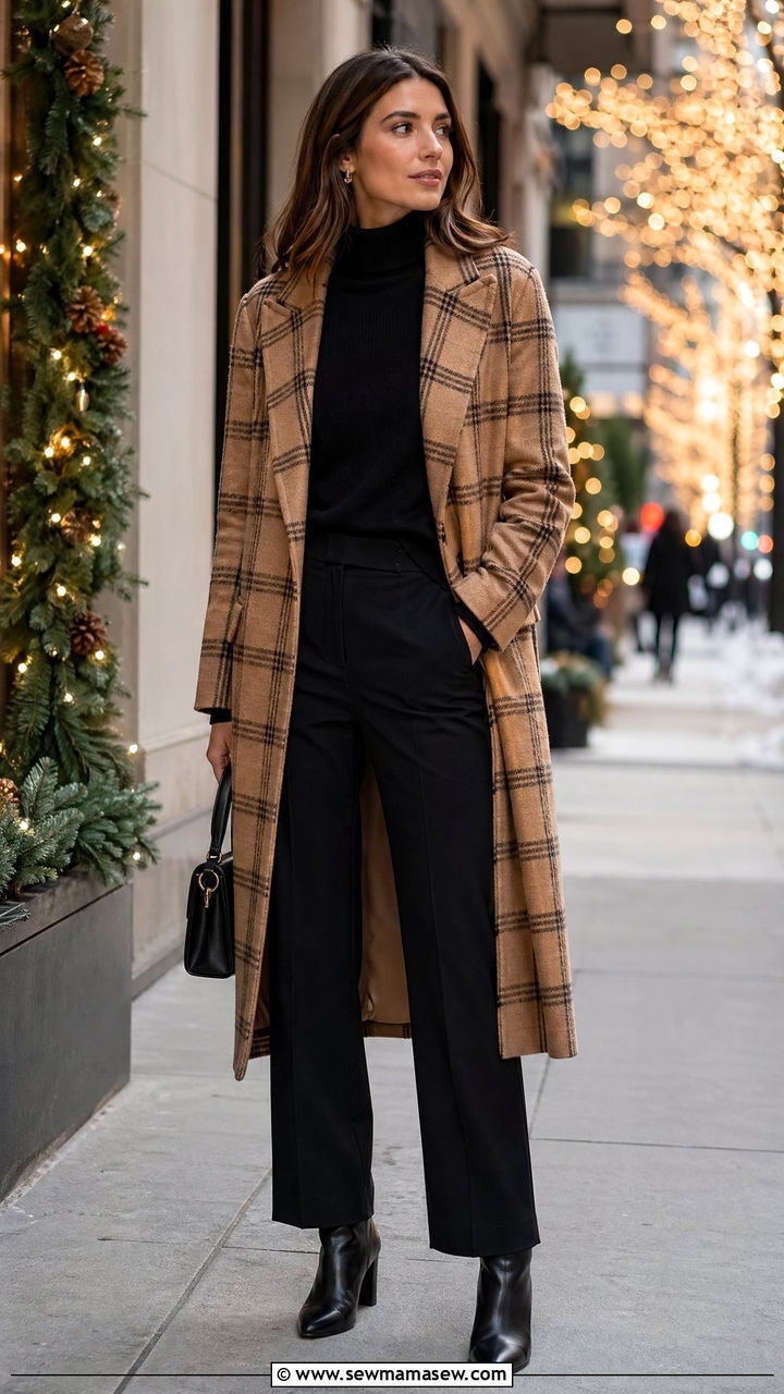 Plaid Wool Coat with Solid Black Layers - 35 Wool coat outfit ideas
