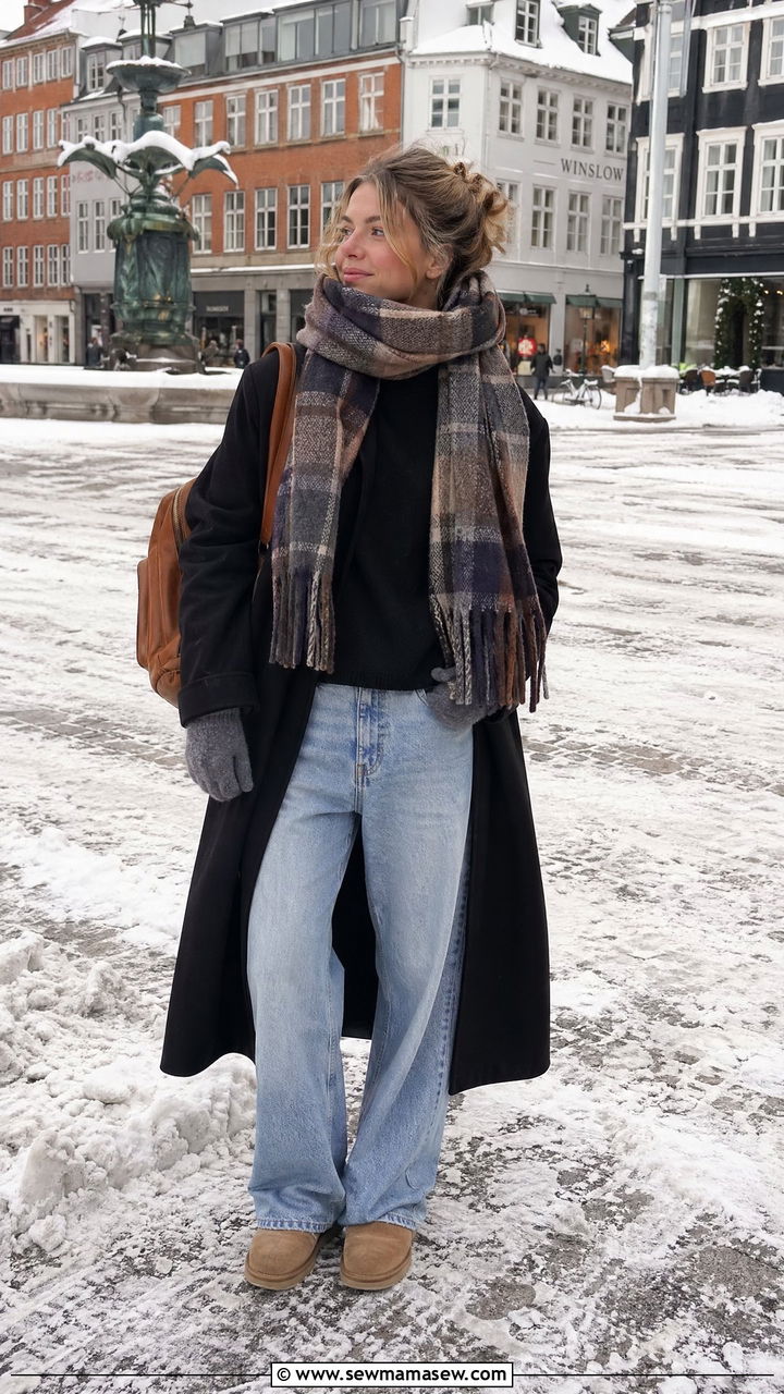 Plaid Wool Scarf With Wool Coat And Baggy Jeans Outfit - 35 Copenhagen outfit ideas