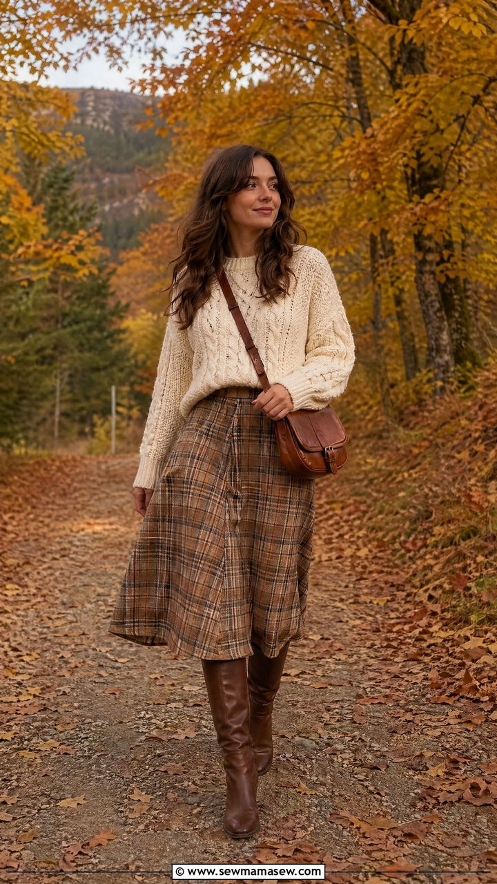 Plaid Wool Skirt With Chunky Knit Sweater - 35 cottagecore outfits for women
