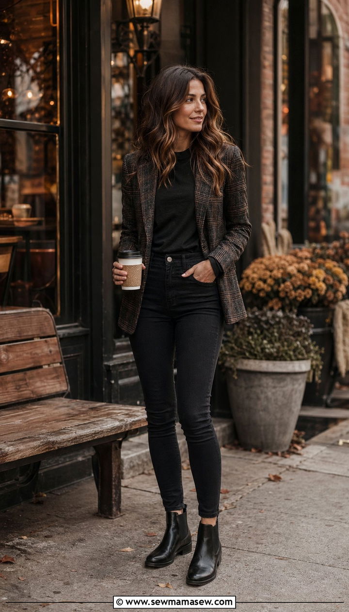 Plaid blazer and black jeans - 35 Moody spring outfit ideas