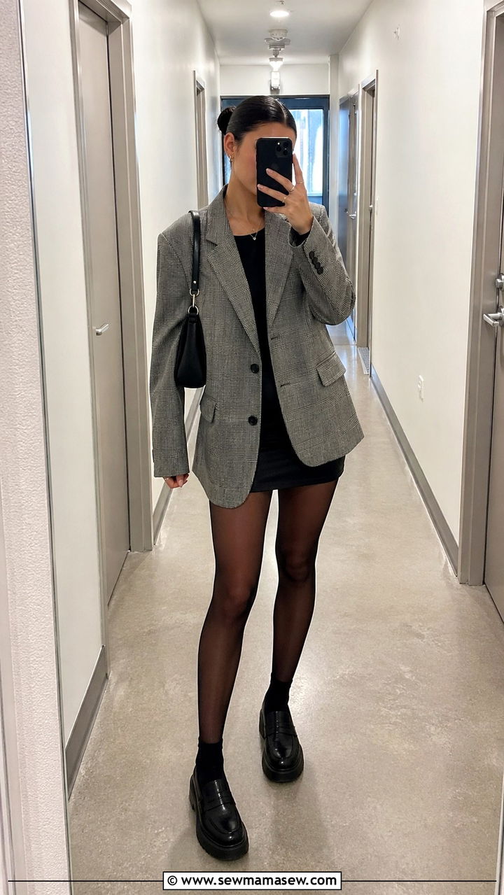 Plaid blazer and black mini skirt outfit - 30 Spring capsule wardrobe for college