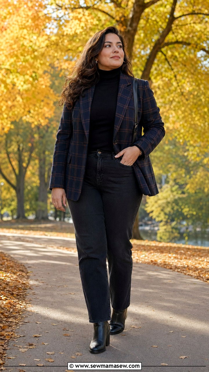 Plaid blazer and black turtleneck fall outfit for curvy women - 30 Best blazers for curvy women