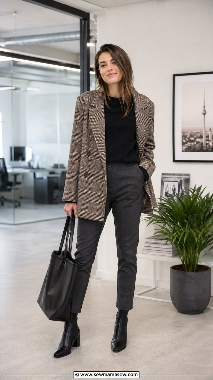 Plaid blazer with a black crewneck and slim fit trousers - 40 What to wear in Berlin