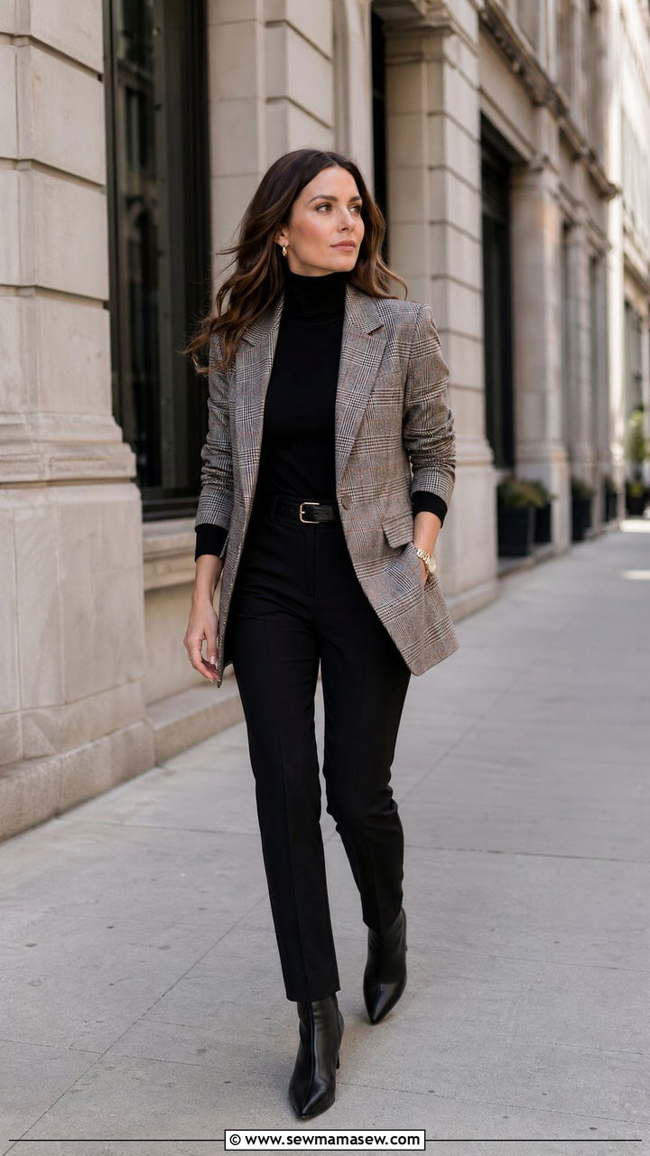 Plaid blazer with a black turtleneck and slim trousers - 35 Consultant outfit ideas