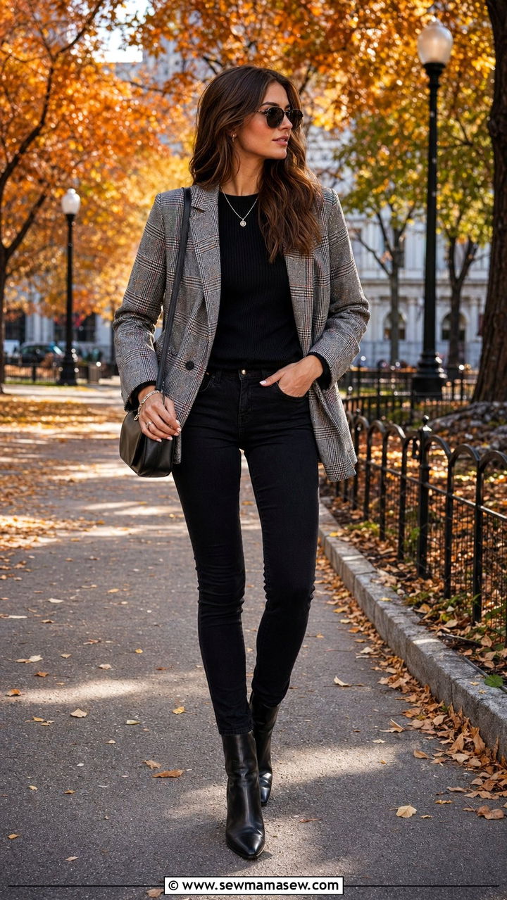 Plaid blazer with black skinny jeans and ankle boots - 30 Best blazers for tall women