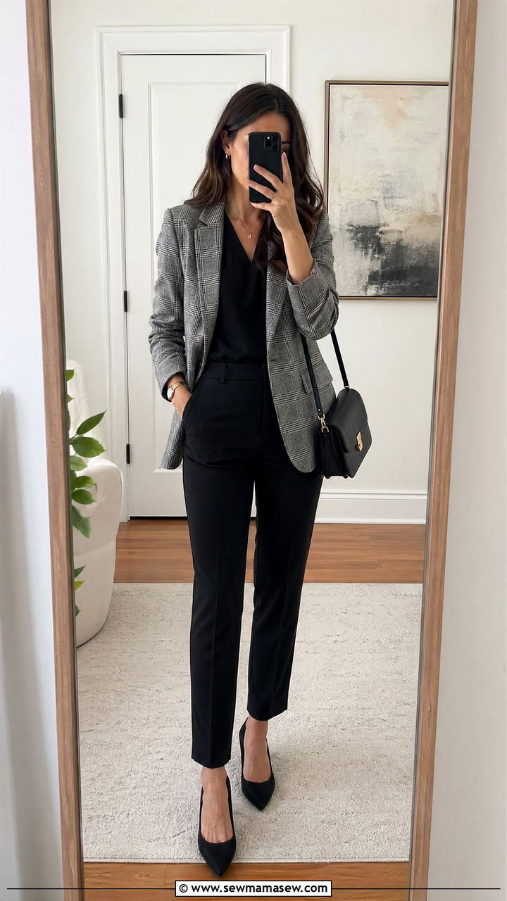 Plaid blazer with black trousers interview outfit - 35 spring interview outfit ideas
