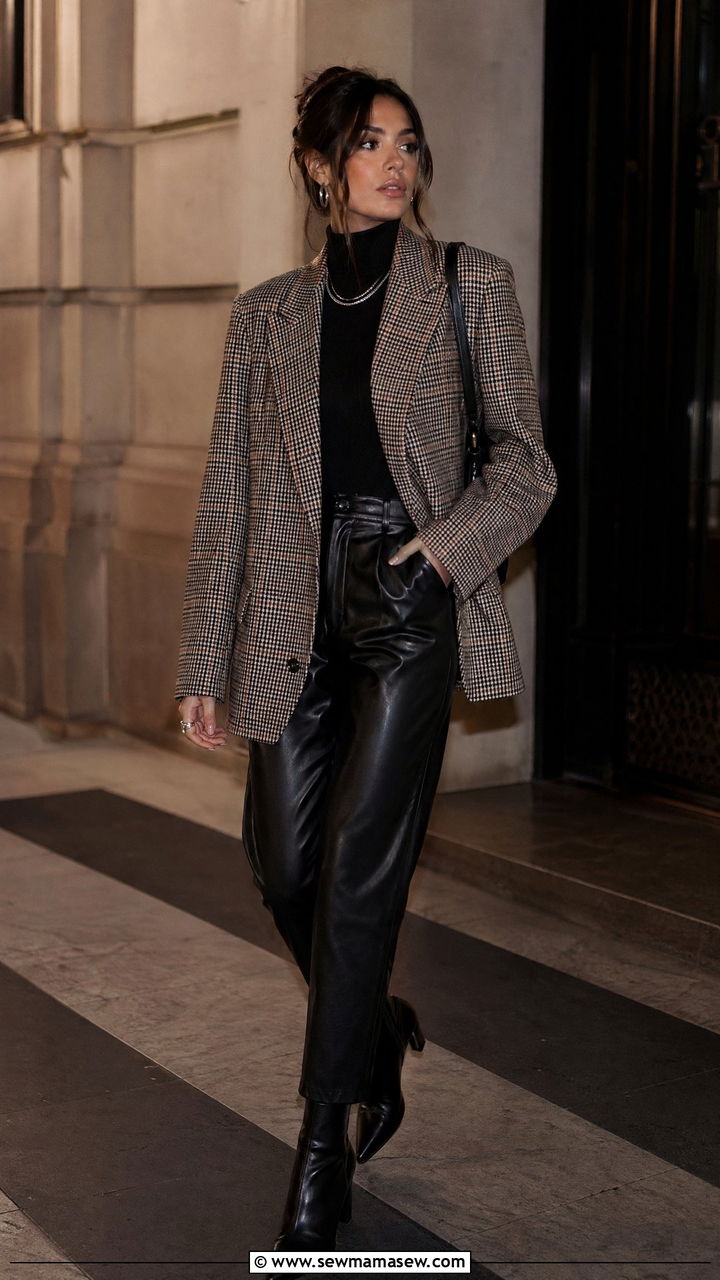 Plaid blazer with black turtleneck and leather pants - 35 chic outfit ideas for women