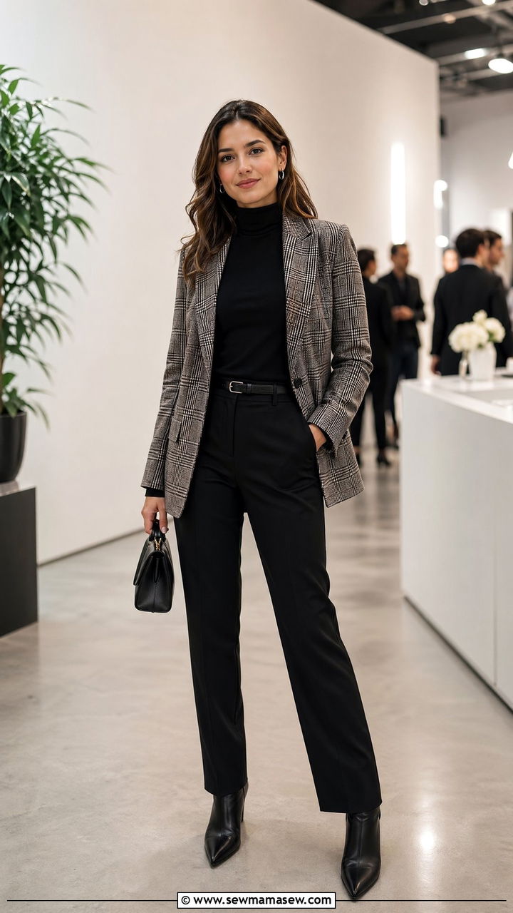 Plaid blazer with black turtleneck and trousers - 35 classy outfit ideas for women