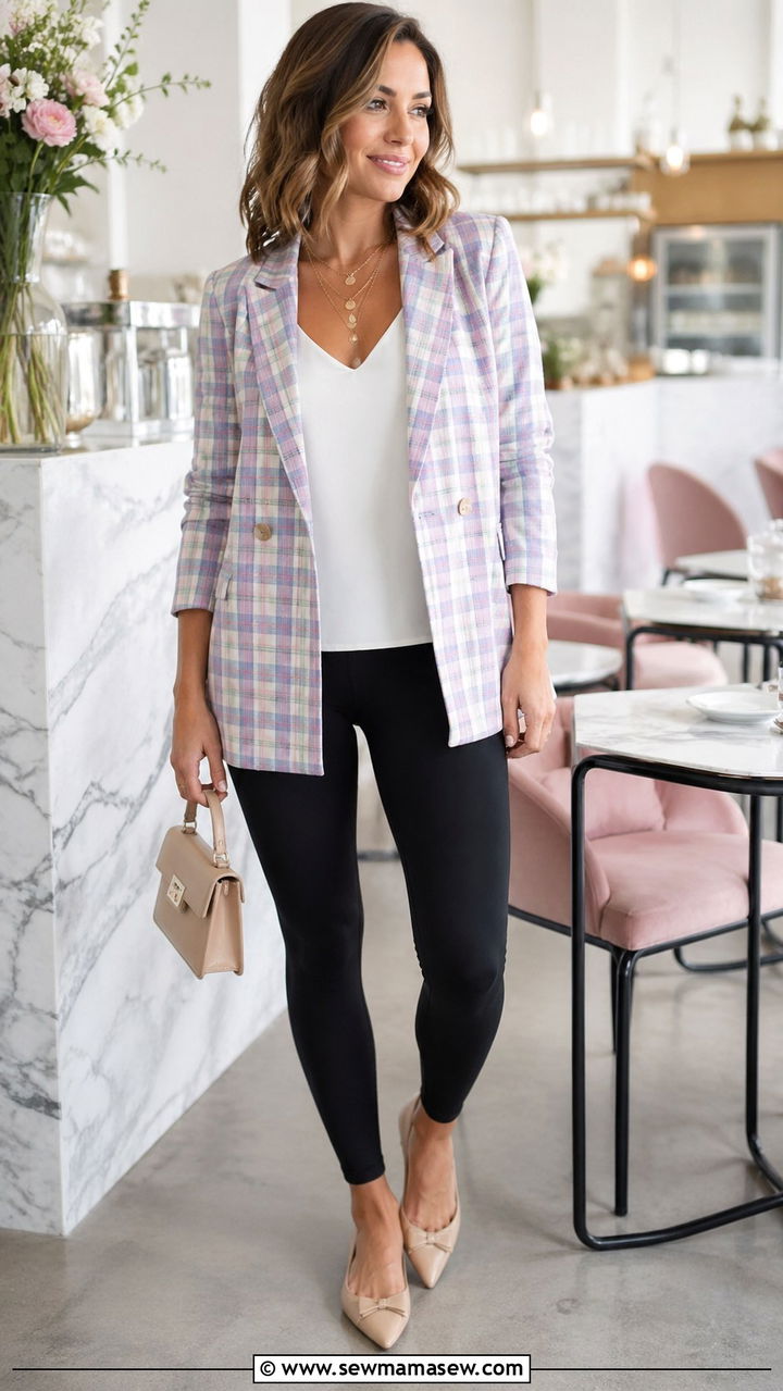 Plaid blazer with leggings and pointed flats - 30 spring leggings outfit ideas