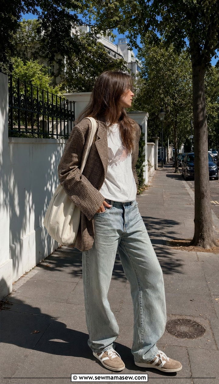 Plaid blazer with washed baggy jeans - 30 Baggy jeans outfit ideas with a blazer