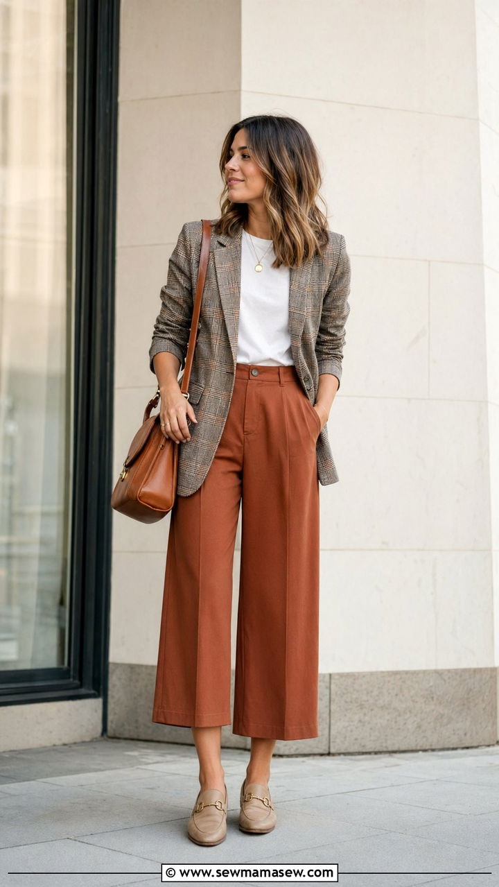 Plaid blazer with white tee and wide leg trousers outfit - 30 Back to school outfit ideas preppy 2026