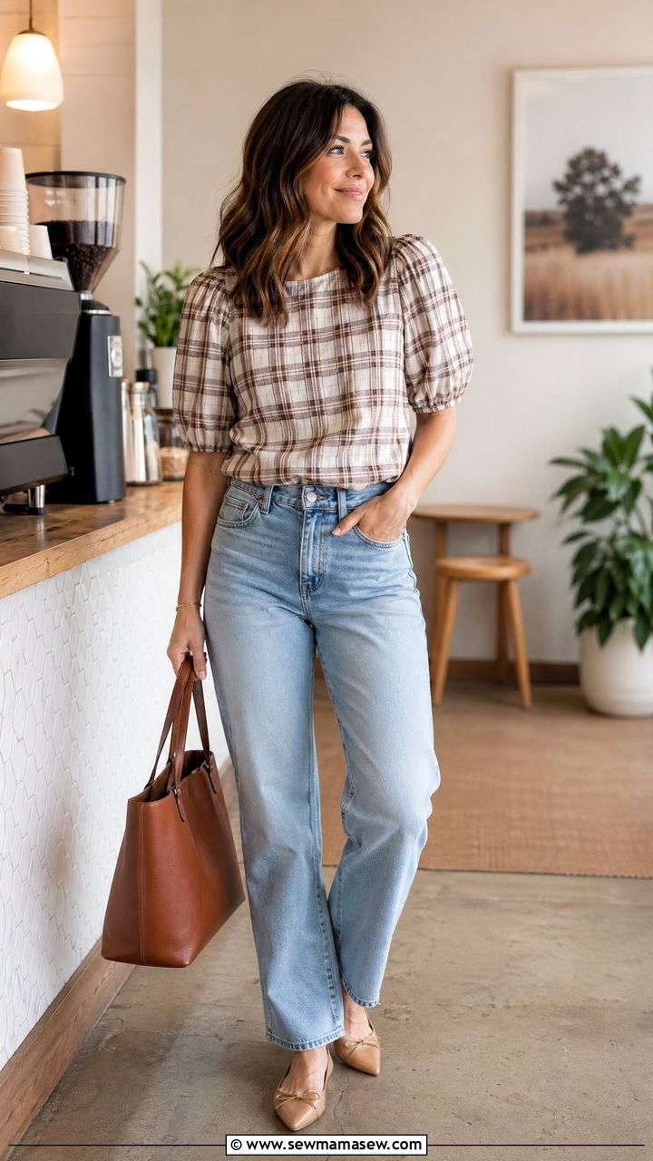 Plaid blouse and straight leg jeans outfit - 35 Comfy outfits for moms