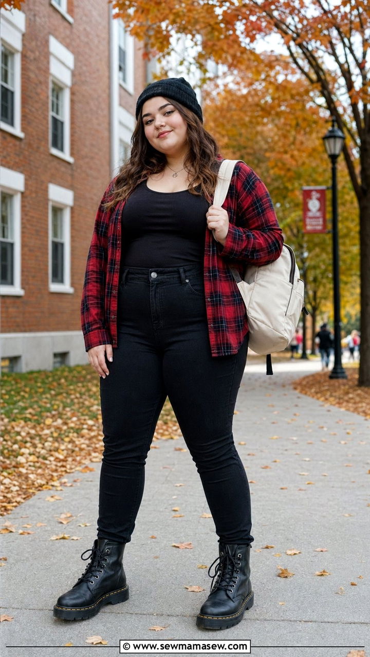 Plaid flannel and black jeans outfit - 30 Back to school outfit ideas plus size teens