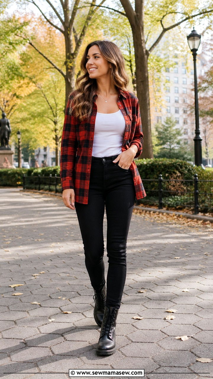 Plaid flannel shirt with black skinny jeans and combat boots - 30 Skinny jeans outfit ideas with a button down