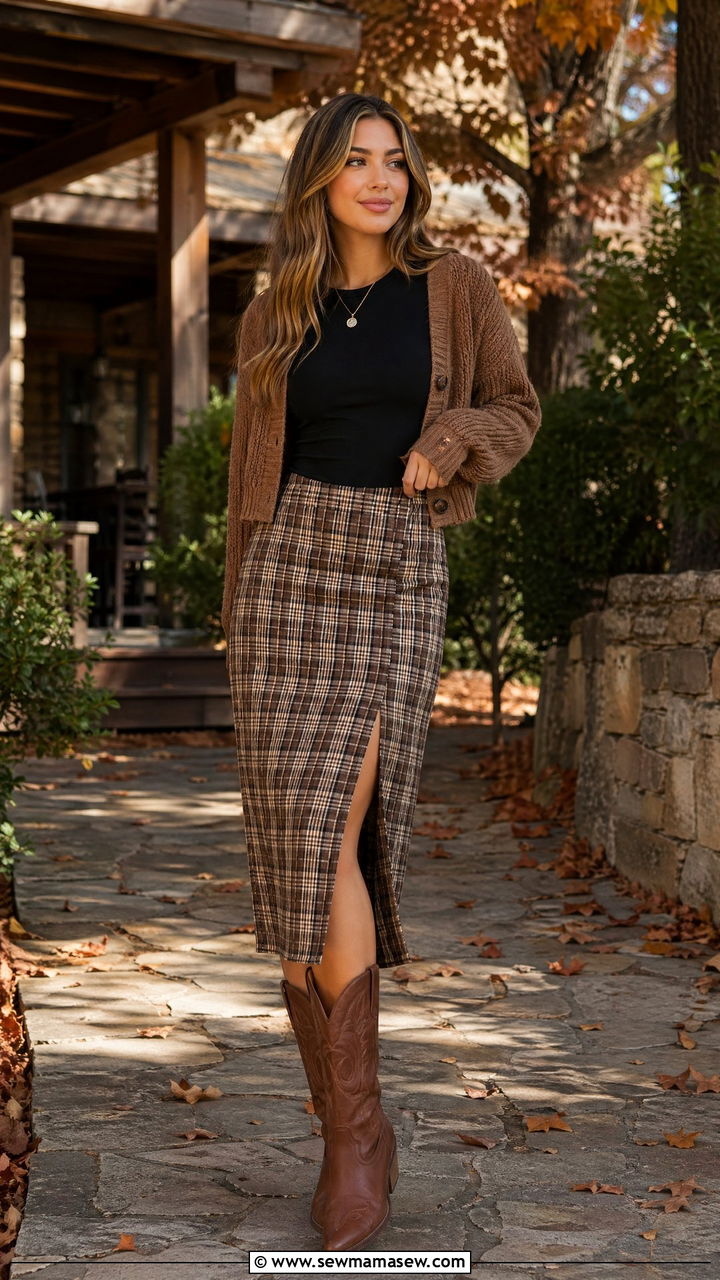 Plaid midi skirt with basic top and cowboy boots - 35 cowboy boots outfit ideas