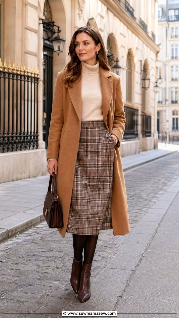 Plaid midi skirt with fine knit turtleneck and wool coat - 35 transitional outfits for women