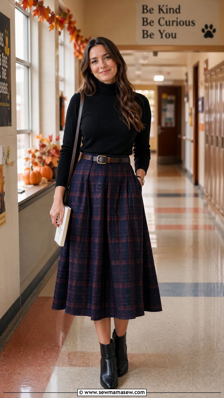 Plaid midi skirt with fitted turtleneck and ankle boots - 35 Teacher outfit ideas for school