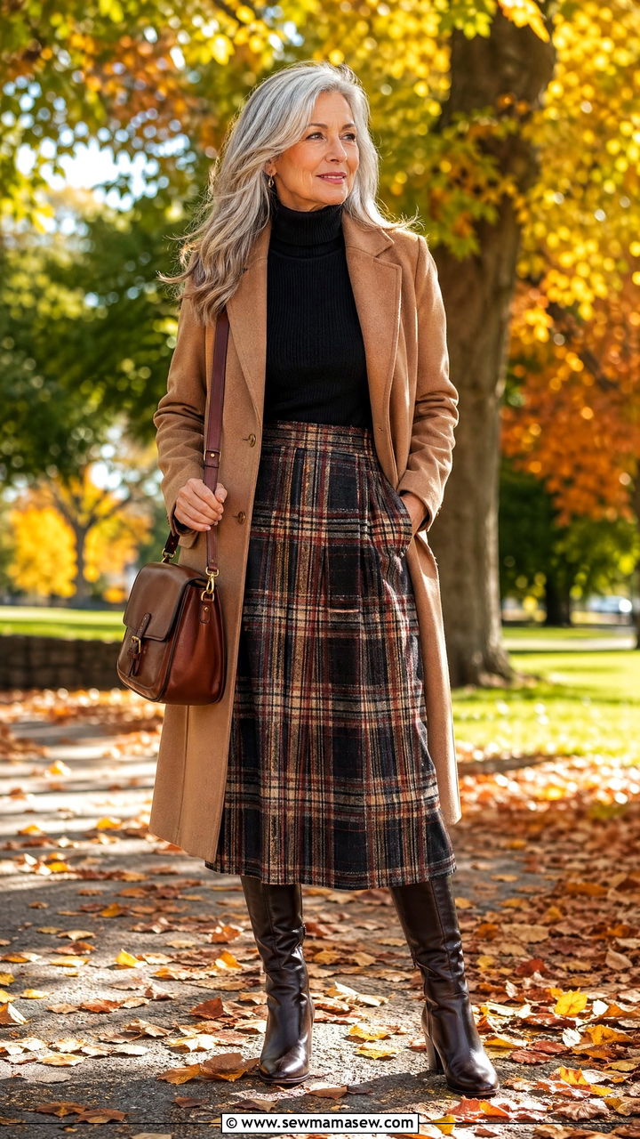 Plaid midi skirt with turtleneck and boots - 35 Skirt outfit ideas for women over 50