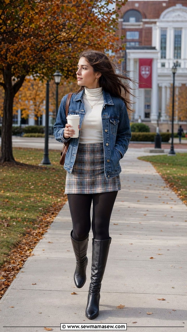 Plaid mini skirt with jean jacket and turtleneck - 30 windy day outfits inspo